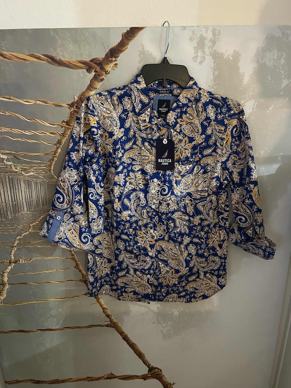 Nautica Navy Blue and White Paisley Button-Down Shirt
